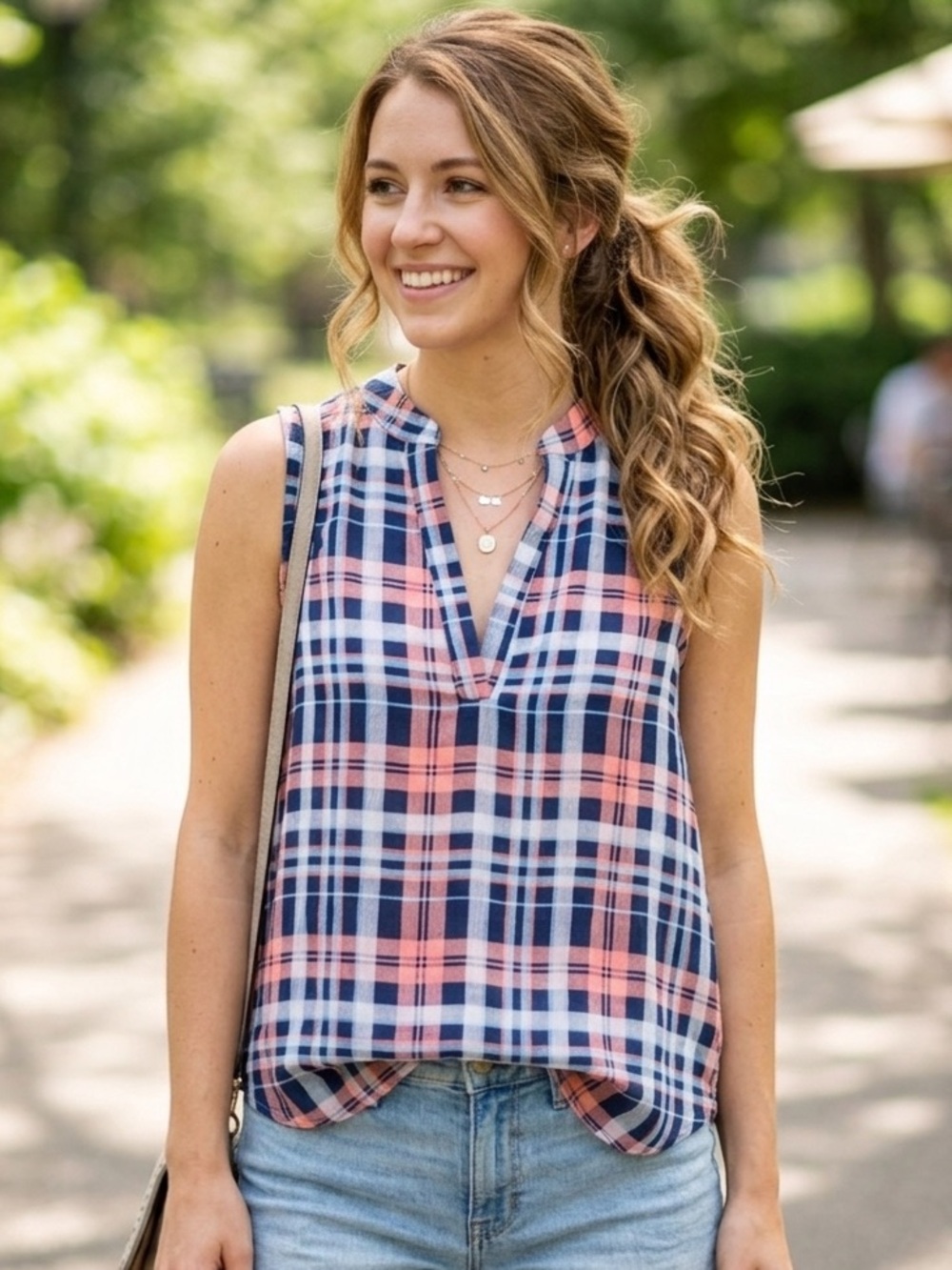 Sleeveless Plaid High Low V-Neck Top PTP 22”